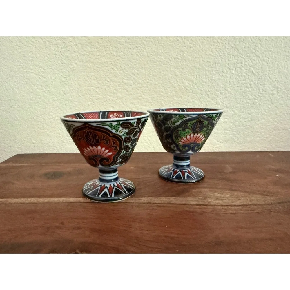Vintage Japanese Imari Porcelain Sake Cups Set -2 Hand Painted Gold Gilt Footed